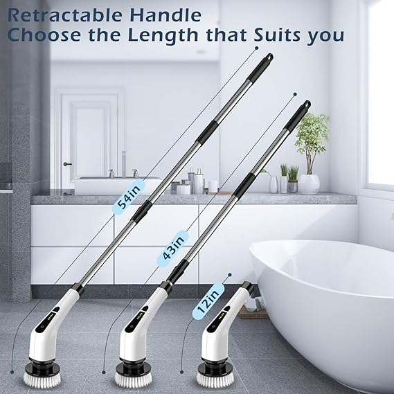 Electric Spin Scrubber, Electric Cleaning Brush with 8 Replacement Brush Heads, 90Mins Working Time, 3 Adjustable Handle, 2 Adjustable Speeds for Bathroom Kitchen Bathtub Glass Car
