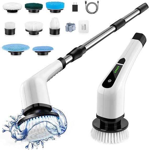 Electric Spin Scrubber, Electric Cleaning Brush with 8 Replacement Brush Heads, 90Mins Working Time, 3 Adjustable Handle, 2 Adjustable Speeds for Bathroom Kitchen Bathtub Glass Car