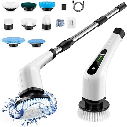 Electric Spin Scrubber, Electric Cleaning Brush with 8 Replacement Brush Heads, 90Mins Working Time, 3 Adjustable Handle, 2 Adjustable Speeds for Bathroom Kitchen Bathtub Glass Car