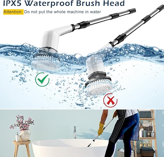 Electric Spin Scrubber, Electric Cleaning Brush with 8 Replacement Brush Heads, 90Mins Working Time, 3 Adjustable Handle, 2 Adjustable Speeds for Bathroom Kitchen Bathtub Glass Car