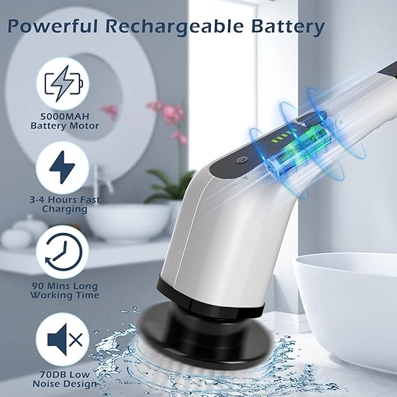 Electric Spin Scrubber, Electric Cleaning Brush with 8 Replacement Brush Heads, 90Mins Working Time, 3 Adjustable Handle, 2 Adjustable Speeds for Bathroom Kitchen Bathtub Glass Car