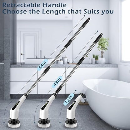 Electric Spin Scrubber, Electric Cleaning Brush with 8 Replacement Brush Heads, 90Mins Working Time, 3 Adjustable Handle, 2 Adjustable Speeds for Bathroom Kitchen Bathtub Glass Car