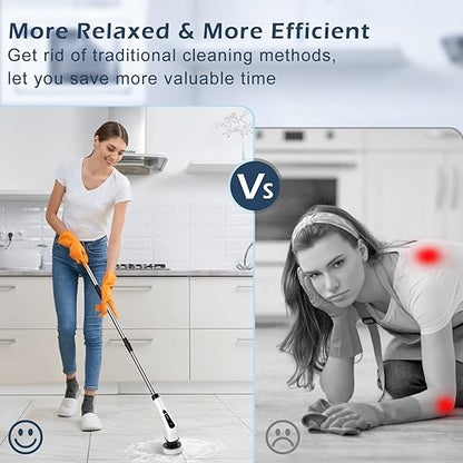 Electric Spin Scrubber, Electric Cleaning Brush with 8 Replacement Brush Heads, 90Mins Working Time, 3 Adjustable Handle, 2 Adjustable Speeds for Bathroom Kitchen Bathtub Glass Car