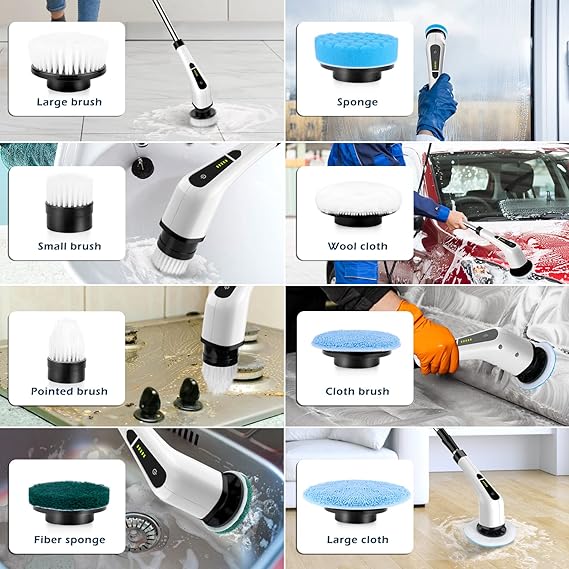 Electric Spin Scrubber, Electric Cleaning Brush with 8 Replacement Brush Heads, 90Mins Working Time, 3 Adjustable Handle, 2 Adjustable Speeds for Bathroom Kitchen Bathtub Glass Car